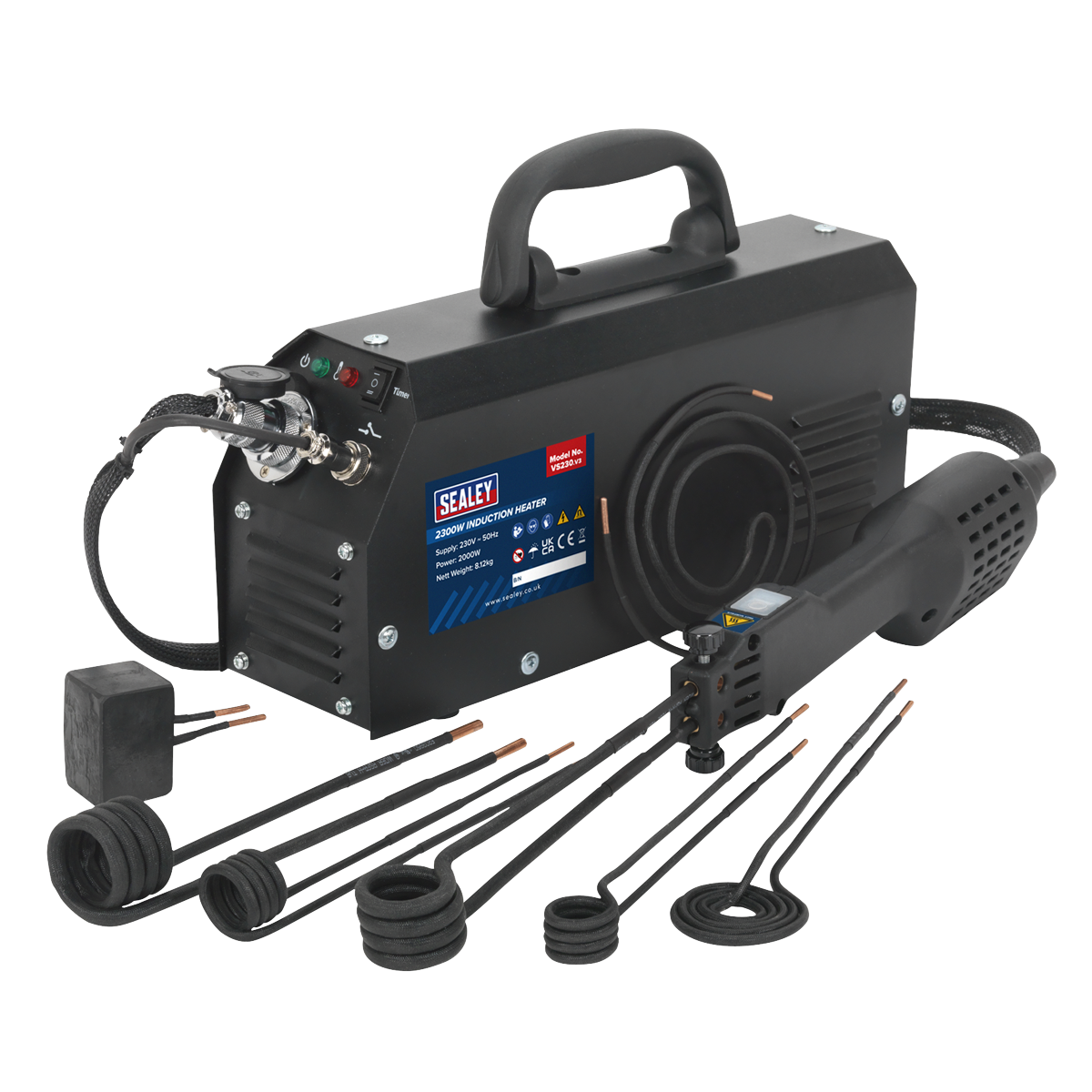 The Sealey Induction Heater 2000W - VS230 is a mobile induction heater equipped with a dent induction block and multiple heating coils. It features a control unit with a handle, power indicators, and connected components arranged in front, making it perfect for efficiently tackling stubborn fixings.