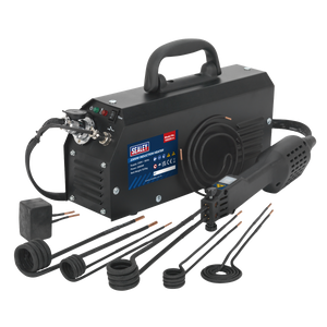 The Sealey Induction Heater 2000W - VS230 is a mobile induction heater equipped with a dent induction block and multiple heating coils. It features a control unit with a handle, power indicators, and connected components arranged in front, making it perfect for efficiently tackling stubborn fixings.