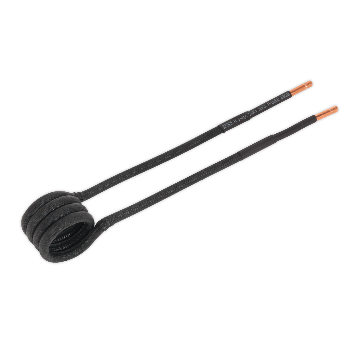 Introducing the Sealey Induction Coil - Side Ø20mm - VS2304, featuring two copper tips and a tightly wound circular shape on one end, perfect for efficient heat transfer.