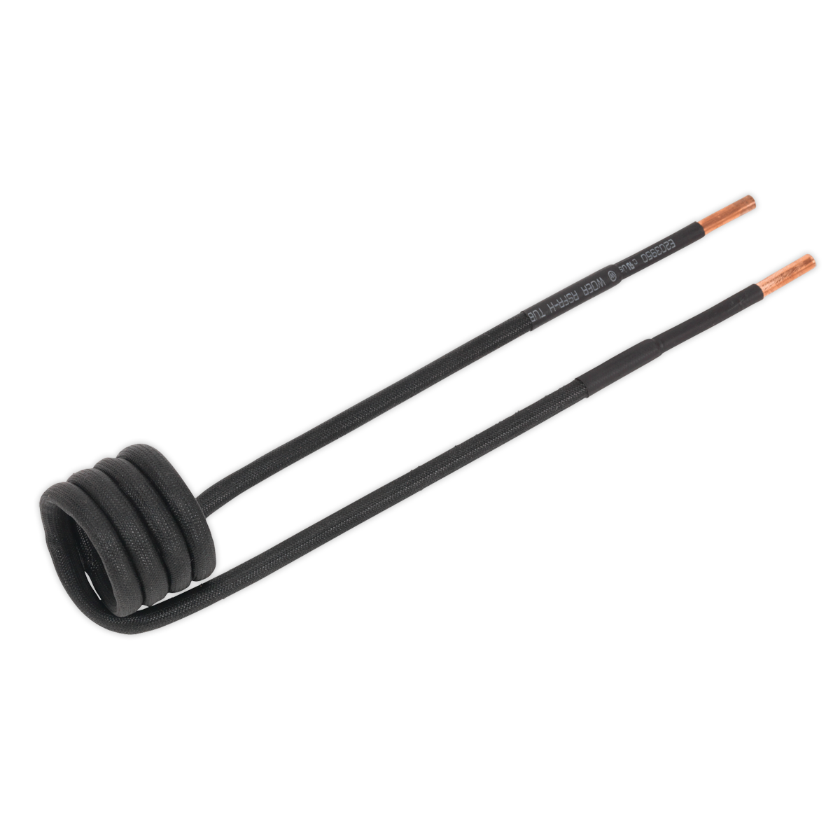 The Sealey Induction Coil - Direct Ø28mm - VS2305 in black, featuring copper tips, is designed for induction heating and soldering applications. The coiled section is positioned at one end, while the straight section extends to the copper tips.