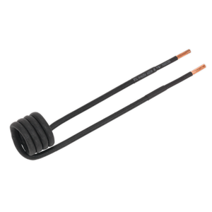 The Sealey Induction Coil - Direct Ø28mm - VS2305 in black, featuring copper tips, is designed for induction heating and soldering applications. The coiled section is positioned at one end, while the straight section extends to the copper tips.