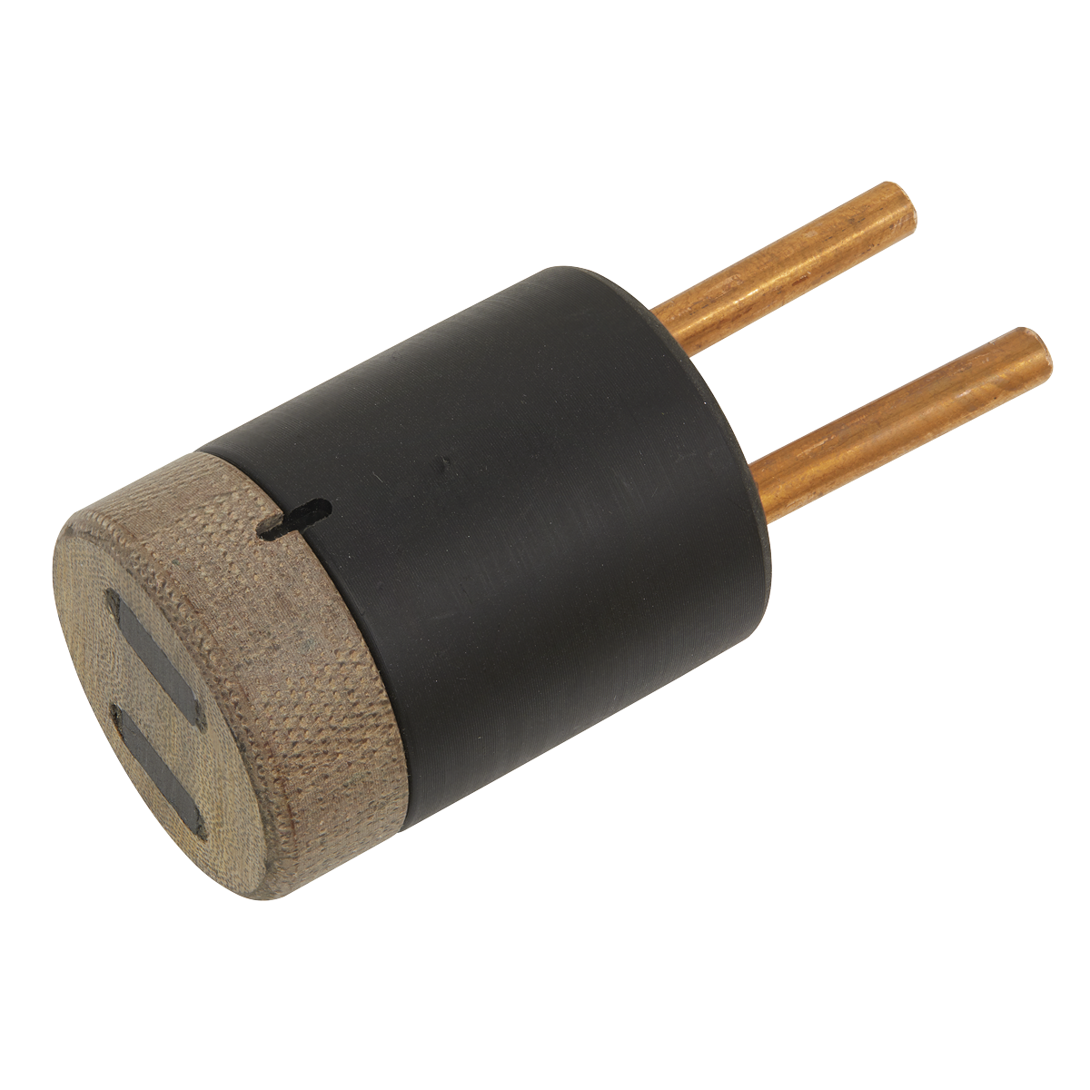 The Induction Adaptor Ø29mm - VS23111 by Sealey is a cylindrical electrical plug with two metal prongs, featuring a black, textured casing and compatibility similar to the VS230.