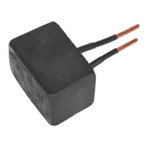 A Sealey Induction Block - VS2311, a black rectangular electronic component with two copper leads extending from one side, resembling a compact induction coil.