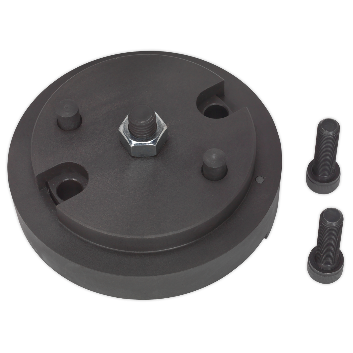 The Sealey Crankshaft Sensor Trigger Wheel Installer (VS231) for Jaguar and Land Rover is a black metal tool with a round base and central bolt, reminiscent of a crankshaft trigger wheel, accompanied by two separate bolts.