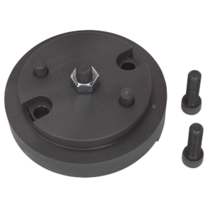 The Sealey Crankshaft Sensor Trigger Wheel Installer (VS231) for Jaguar and Land Rover is a black metal tool with a round base and central bolt, reminiscent of a crankshaft trigger wheel, accompanied by two separate bolts.