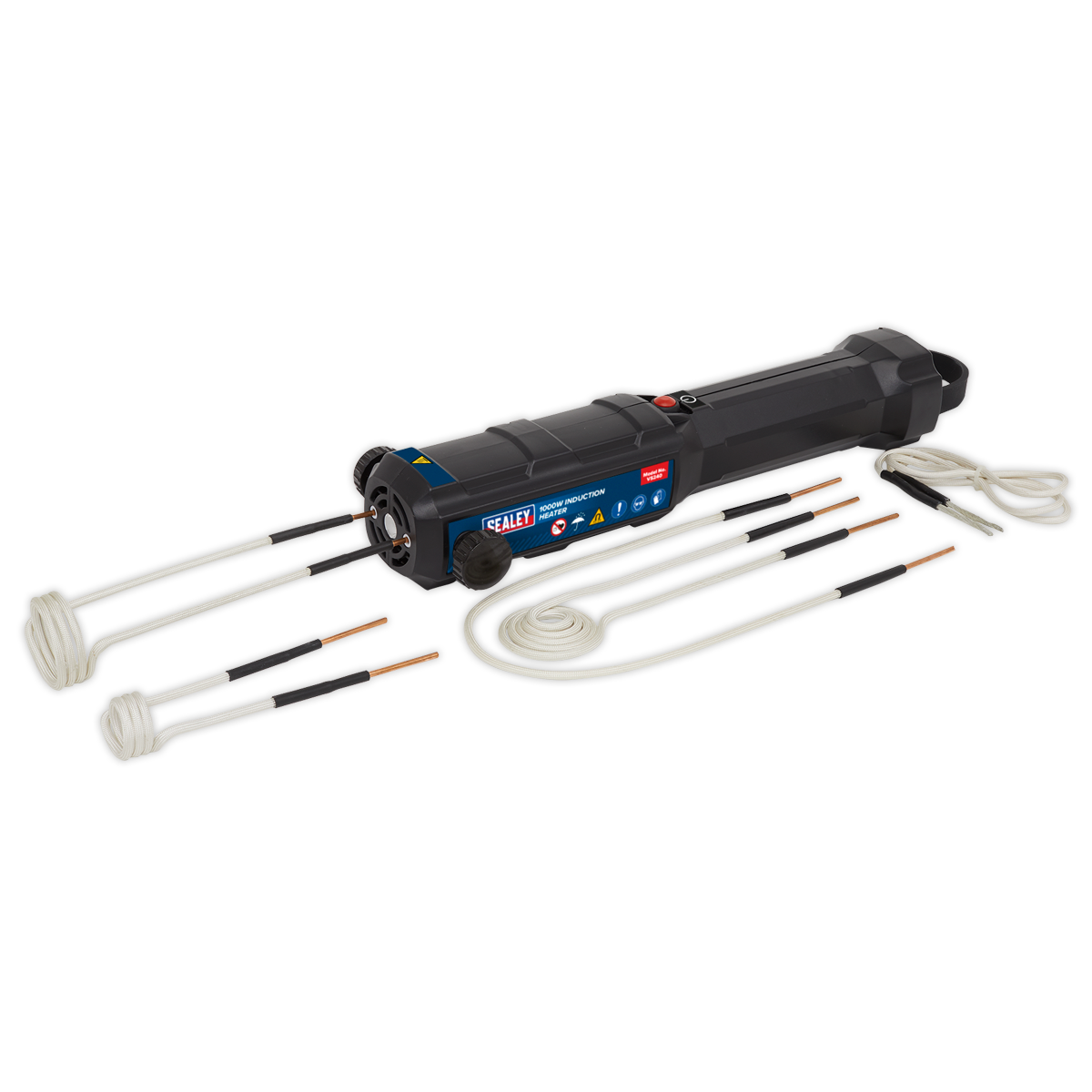 The Sealey Induction Heater 1000W - VS240, a black cylindrical tool with blue and red accents known for its fast heat delivery, is displayed alongside various white and black rotary attachments.