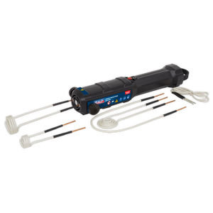 The Sealey Induction Heater 1000W - VS240, a black cylindrical tool with blue and red accents known for its fast heat delivery, is displayed alongside various white and black rotary attachments.