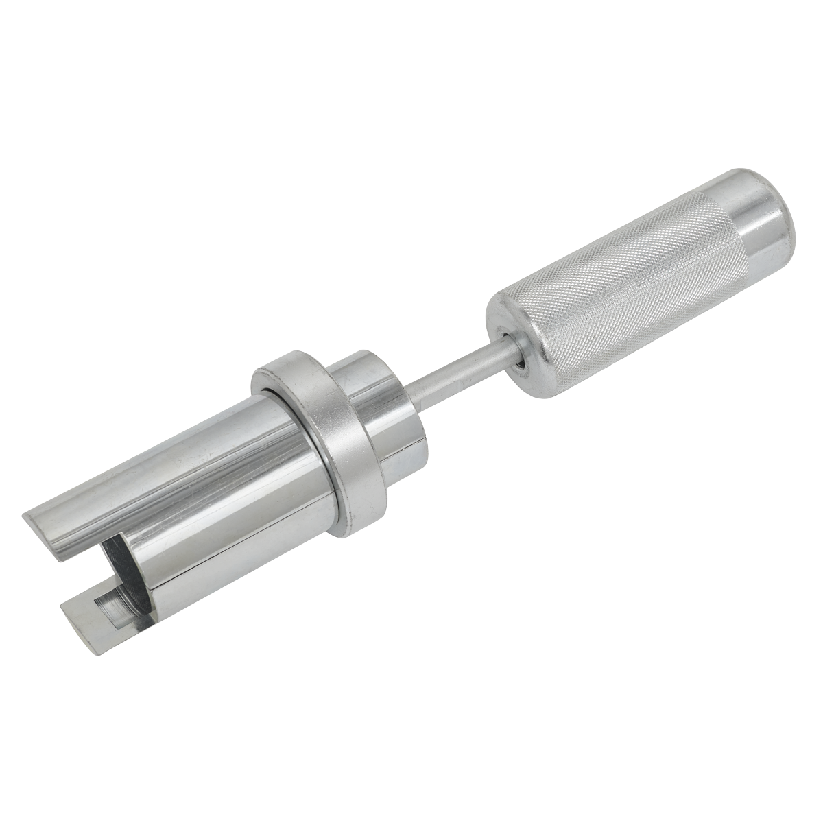 A metal bullet puller, similar in design to the rugged engineering of Land Rover Defender equipment, featuring a cylindrical body, a knurled handle, and an open-ended jaws design like the Sealey Injector Puller Land Rover TD5 - VS2541.