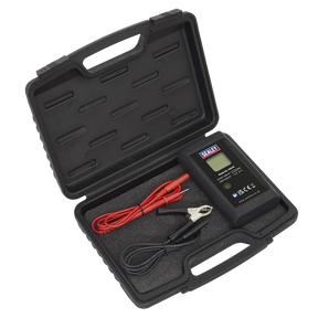 The Sealey Multi Voltage Glow Plug Tester - VS270 comes in a black plastic case, including a digital multimeter, a red test lead, and a black test lead with an alligator clip—ideal for testing low voltage glow plugs in diesel engines.