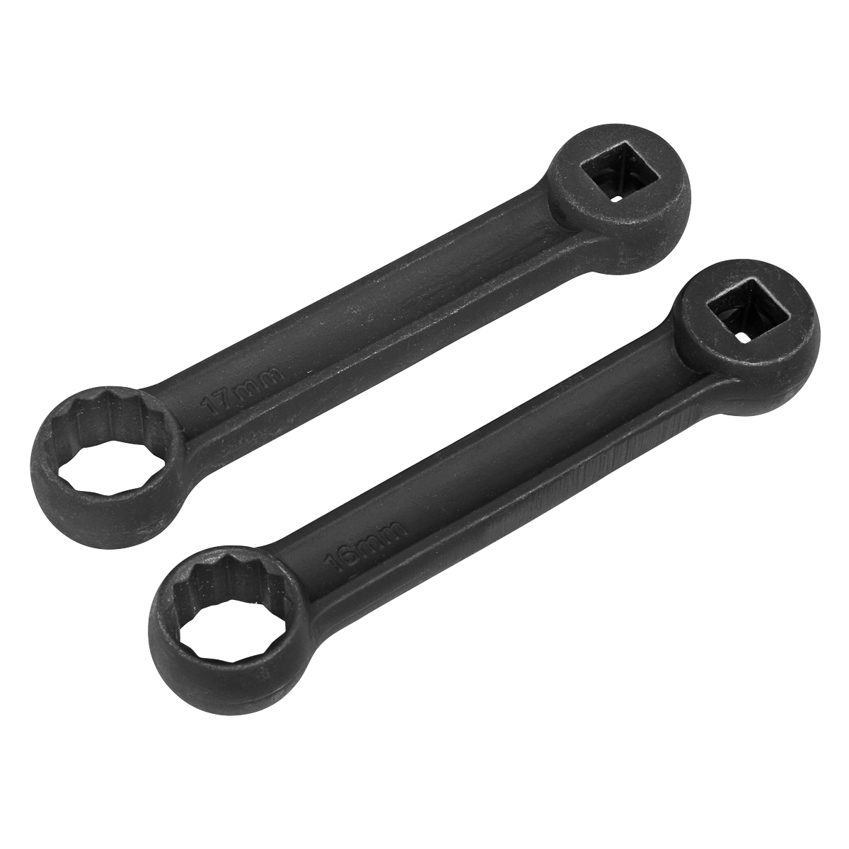 The Sealey Mercedes Benz Engine Mount Spanner 16 & 17mm 2pc - VS3005 includes two black ratcheting box-end wrenches, each equipped with square drive sockets at one end and circular, toothed ring spanners marked 16mm and 17mm. These tools are perfect for tasks such as loosening engine mount bolts on Mercedes Benz vehicles.