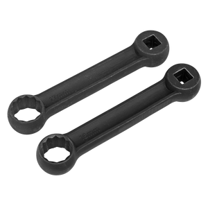 The Sealey Mercedes Benz Engine Mount Spanner 16 & 17mm 2pc - VS3005 includes two black ratcheting box-end wrenches, each equipped with square drive sockets at one end and circular, toothed ring spanners marked 16mm and 17mm. These tools are perfect for tasks such as loosening engine mount bolts on Mercedes Benz vehicles.