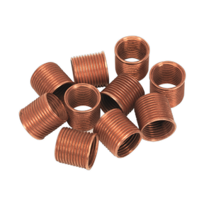 A pack of ten Sealey Thread Insert M14 x 1.25mm 15mm for VS301 (VS301.15) copper-tone inserts arranged in a scattered formation against a white background.