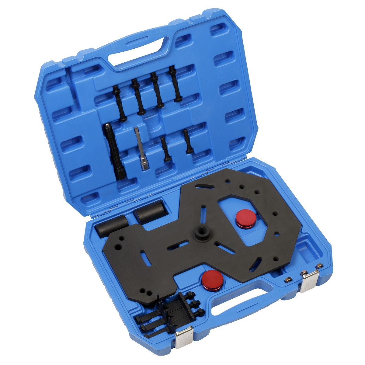 The Sealey Removal/Installation Kit for Ford Dual Clutch (VS3075) comes in a blue plastic case that houses various black metal tools and components, including a 6-speed gearbox tool, all neatly arranged in compartments.