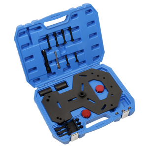 The Sealey Removal/Installation Kit for Ford Dual Clutch (VS3075) comes in a blue plastic case that houses various black metal tools and components, including a 6-speed gearbox tool, all neatly arranged in compartments.