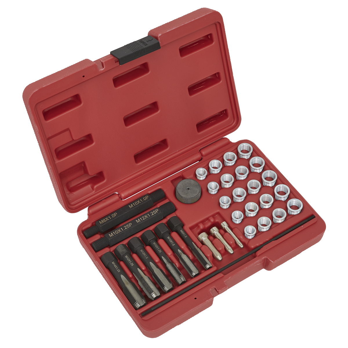 A red plastic tool case, branded Sealey and named Glow Plug Thread Repair Set 33pc - VS311, containing various drill bits and socket wrenches neatly arranged in designated slots, along with a tap guide system for precision work. The case is open, displaying the tools.