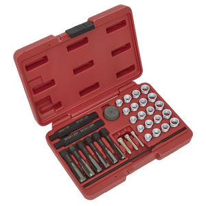 A red plastic tool case, branded Sealey and named Glow Plug Thread Repair Set 33pc - VS311, containing various drill bits and socket wrenches neatly arranged in designated slots, along with a tap guide system for precision work. The case is open, displaying the tools.