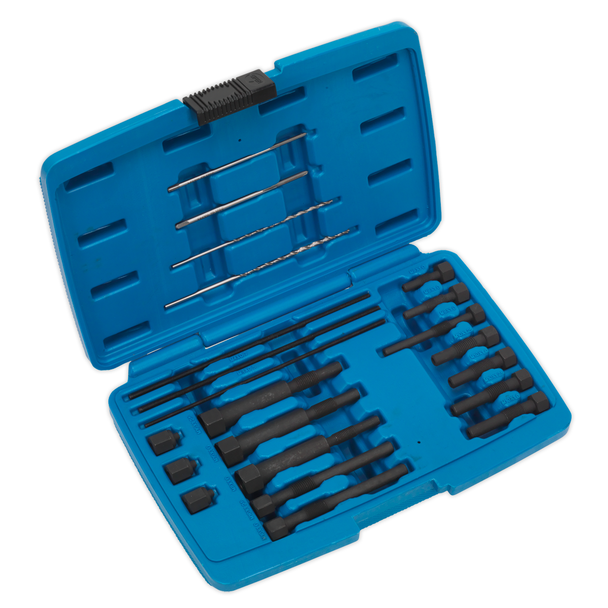 A blue plastic case from Sealey, labeled as the Glow Plug Heater Element Removal Set 8 & 10mm - VS315, contains a set of various screwdrivers and bits, along with a glow plug extraction kit, all arranged neatly inside.