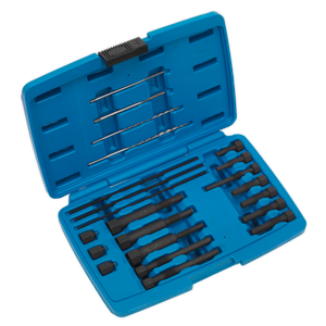 A blue plastic case from Sealey, labeled as the Glow Plug Heater Element Removal Set 8 & 10mm - VS315, contains a set of various screwdrivers and bits, along with a glow plug extraction kit, all arranged neatly inside.