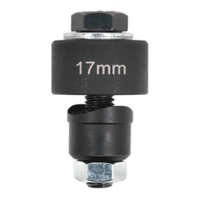 Close-up image of the Parking Aid Bumper Cutter Ø17mm - VS317 from Sealey, featuring a 17mm black metal fastener with a hexagonal bolt on top and bottom, a spring between two cylindrical sections, and designed to be compatible with plastic bumpers.