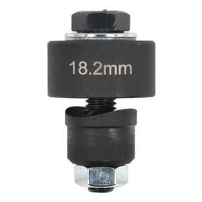 A black circular tool part, the Sealey Parking Aid Bumper Cutter Ø18.2mm - VS318, marked with "18.2mm" and featuring nuts and bolts at the top and bottom, often used for fitting PDC sensors.