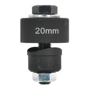 Close-up of Sealey's Parking Aid Bumper Cutter Ø20mm - VS320, consisting of two black cylindrical components with a screw and bolt assembly in the middle—perfect for use with PDC sensors.