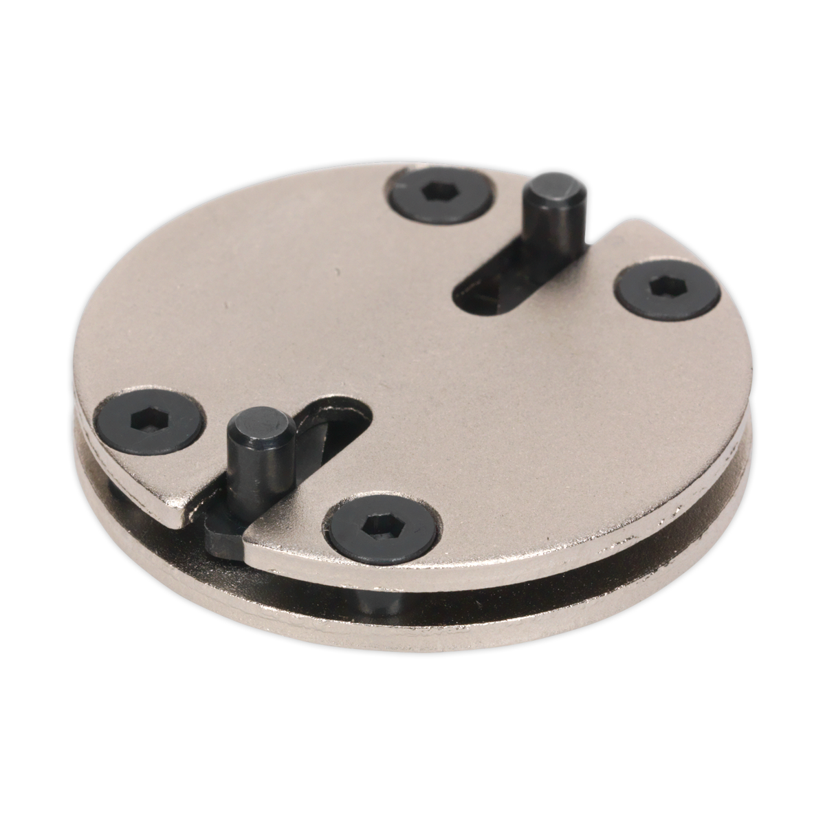 The Sealey Adjustable Brake Wind-Back Adaptor - 2-Pin (VS327) is a round metal tool featuring four black screws and two protruding metal pegs, making it ideal for vehicle applications.