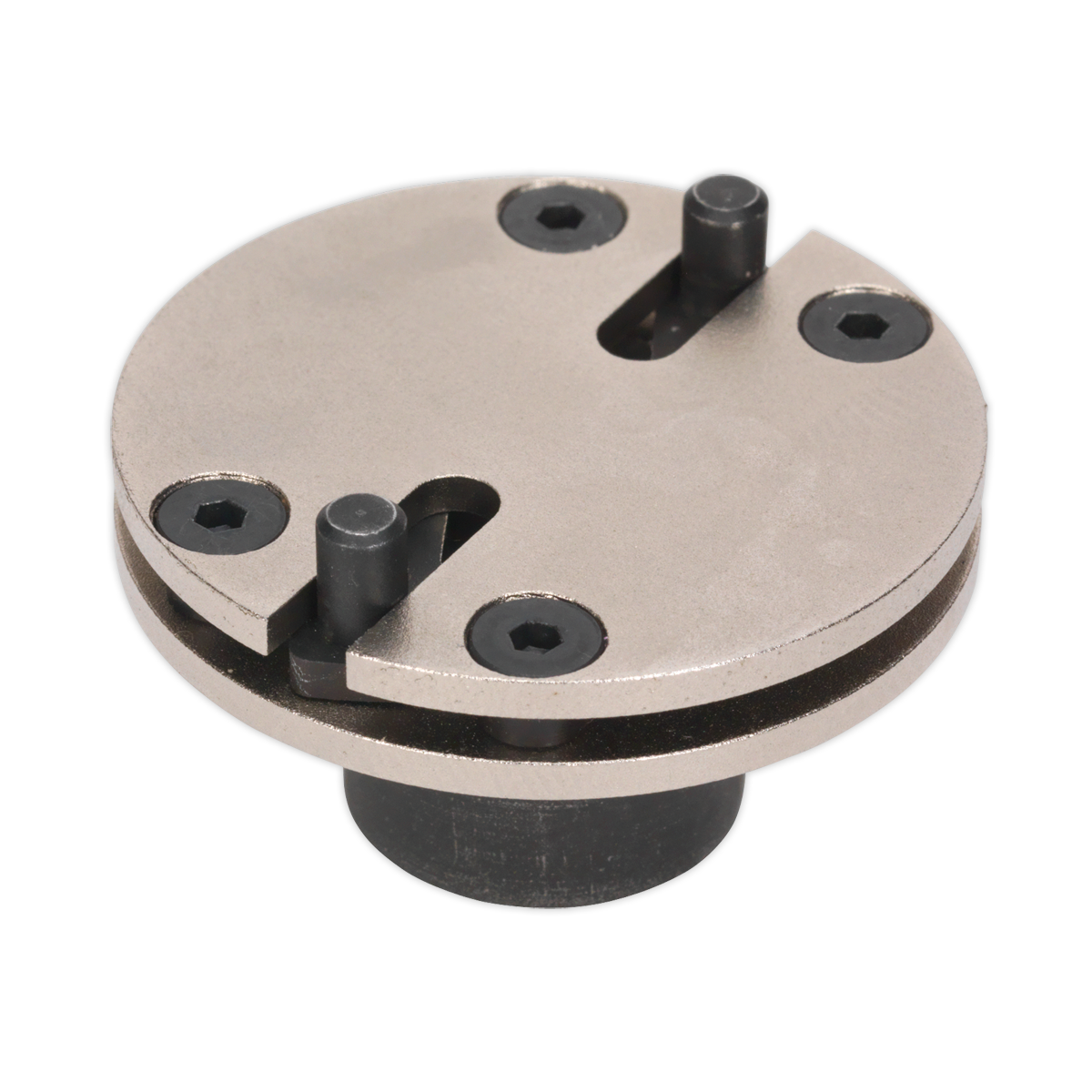 The Adjustable Brake Wind-Back Adaptor - 2-Pin 3/8"Sq Drive (VS328) by Sealey is a round metal mechanical component that features three screws, an adjustable brake wind-back adaptor, and two pin-like structures on its surface.