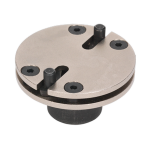 The Adjustable Brake Wind-Back Adaptor - 2-Pin 3/8"Sq Drive (VS328) by Sealey is a round metal mechanical component that features three screws, an adjustable brake wind-back adaptor, and two pin-like structures on its surface.