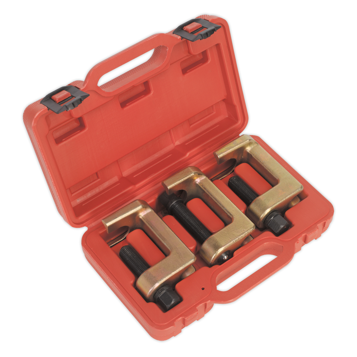 The Sealey Ball Joint Splitter Set 3pc - VS3800 comes in a red plastic case that securely holds three heavy-duty forged steel U-joint pullers with handles. This low profile set is perfect for modern vehicles, offering durability and reliability in a compact design.