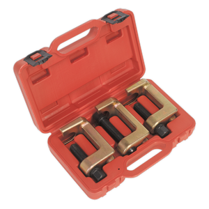 The Sealey Ball Joint Splitter Set 3pc - VS3800 comes in a red plastic case that securely holds three heavy-duty forged steel U-joint pullers with handles. This low profile set is perfect for modern vehicles, offering durability and reliability in a compact design.