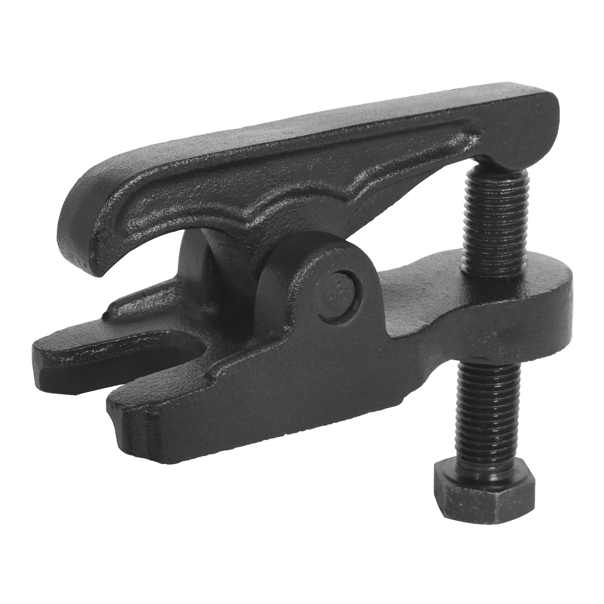 The Sealey Ball Joint Splitter - Commercial - VS3812 is a black metal ball joint separator crafted from chemically blackened forged steel, featuring a threaded screw and adjustable jaws, specifically designed for automotive and commercial applications.