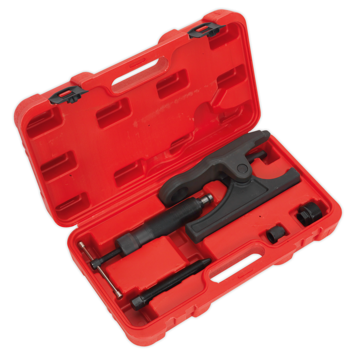 The Sealey Ball Joint Splitter Hydraulic & Manual - Commercial - VS3813 is a red plastic case housing a heavy-duty ball joint splitter service tool kit, featuring various black components and a hydraulic ram. It is designed for automotive maintenance on both personal and commercial vehicles.