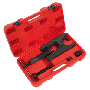 The Sealey Ball Joint Splitter Hydraulic & Manual - Commercial - VS3813 is a red plastic case housing a heavy-duty ball joint splitter service tool kit, featuring various black components and a hydraulic ram. It is designed for automotive maintenance on both personal and commercial vehicles.