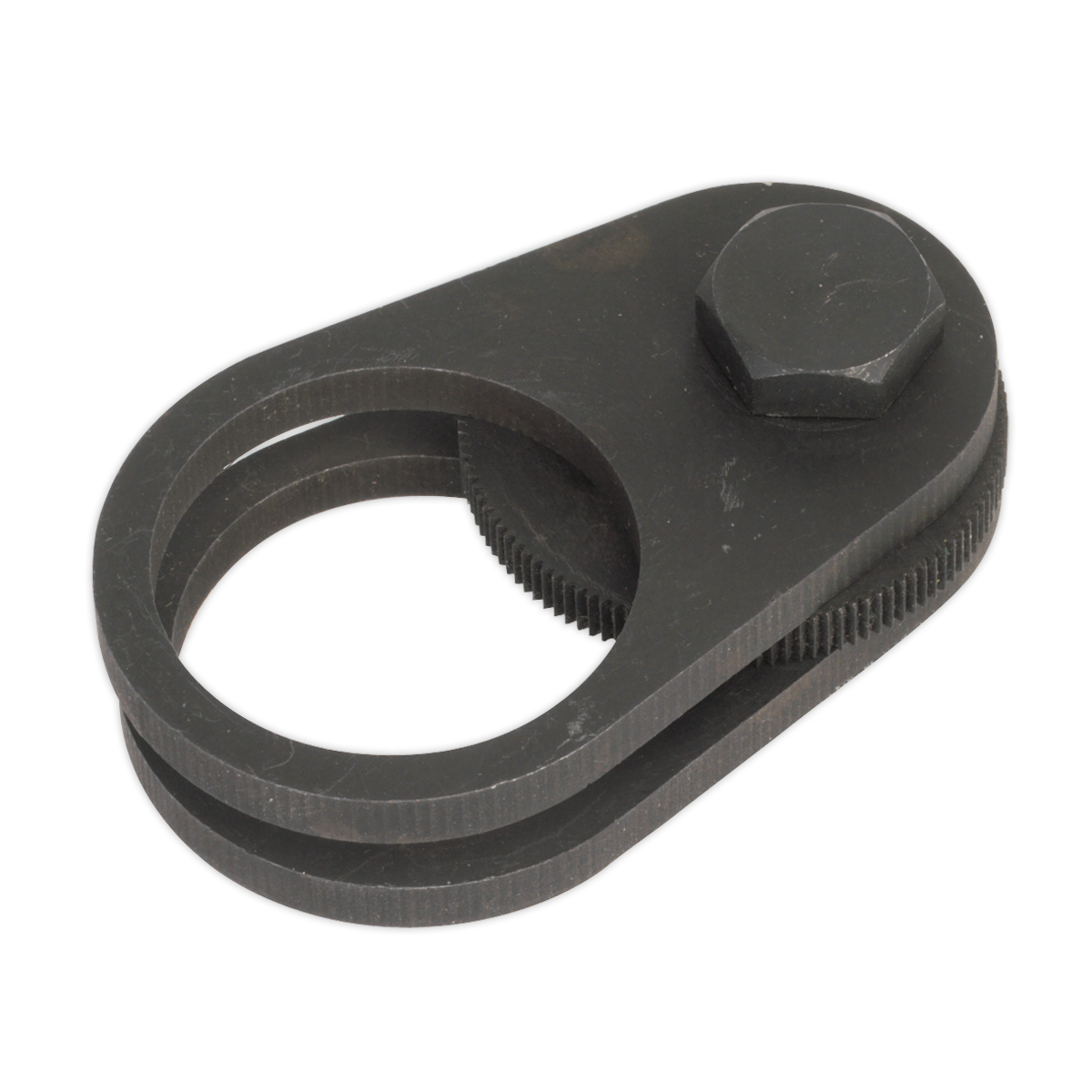 The Sealey Steering Rack Knuckle Tool - VS4000 is a black metal clamp with an adjustable screw and circular openings, perfect for securing or holding objects, particularly useful in limited access vehicles.