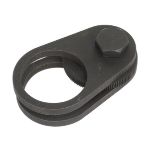 The Sealey Steering Rack Knuckle Tool - VS4000 is a black metal clamp with an adjustable screw and circular openings, perfect for securing or holding objects, particularly useful in limited access vehicles.