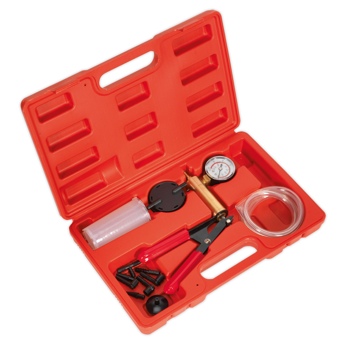 A **Sealey Vacuum Tester & Brake Bleeding Kit - VS402** comes in a red plastic toolbox and includes a diagnostic tool with a pressure gauge and hose, a syringe, a black plastic component, and various small accessories designed for brake and clutch systems.