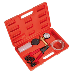 A **Sealey Vacuum Tester & Brake Bleeding Kit - VS402** comes in a red plastic toolbox and includes a diagnostic tool with a pressure gauge and hose, a syringe, a black plastic component, and various small accessories designed for brake and clutch systems.
