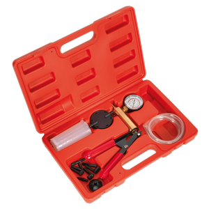 A **Sealey Vacuum Tester & Brake Bleeding Kit - VS402** comes in a red plastic toolbox and includes a diagnostic tool with a pressure gauge and hose, a syringe, a black plastic component, and various small accessories designed for brake and clutch systems.