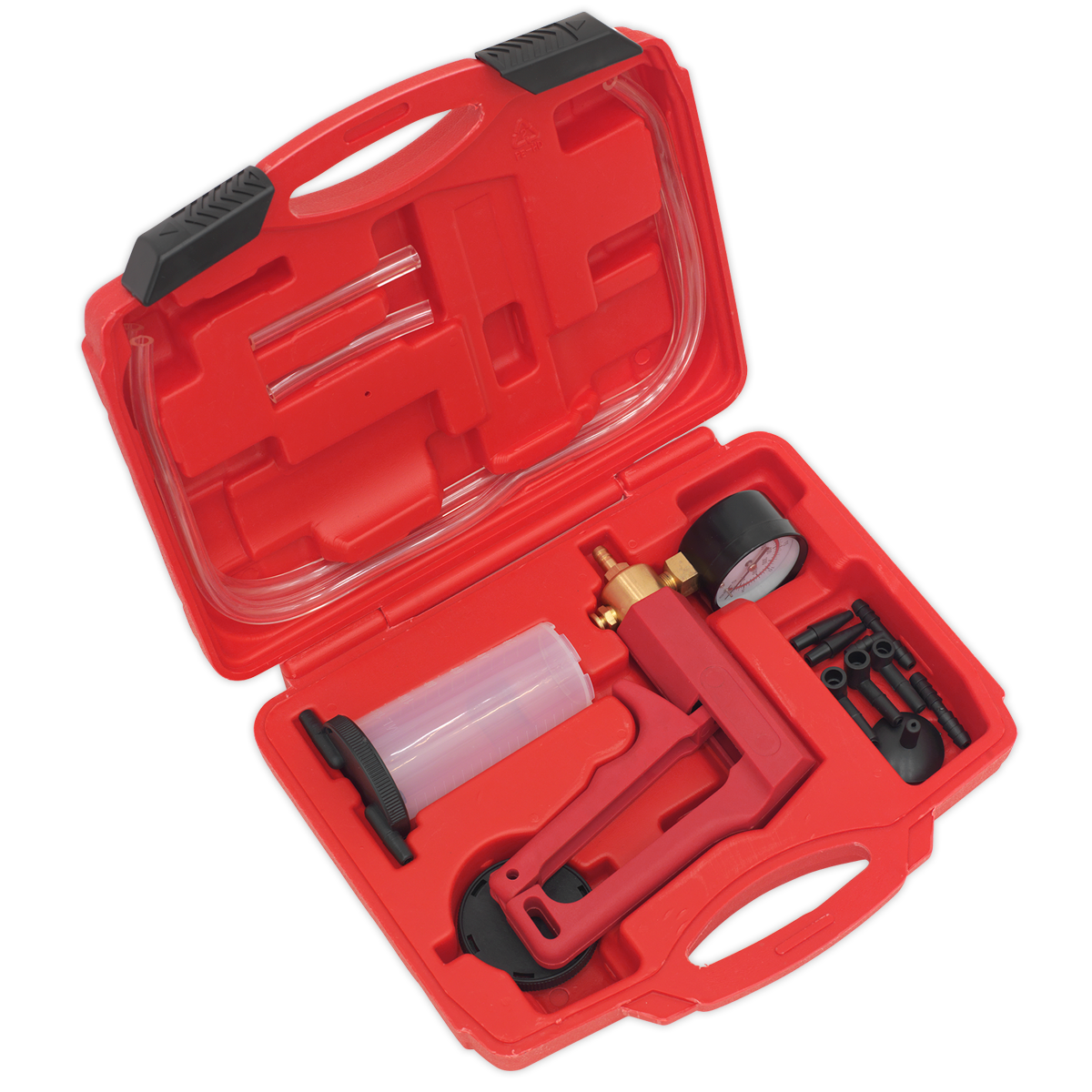 A Sealey Vacuum Tester & Brake Bleeding Kit - VS4022 housed in a red plastic case, includes various attachments such as a pressure gauge, tubing, and connectors. Perfect for brake and clutch bleeding or diagnosing vehicle faults.