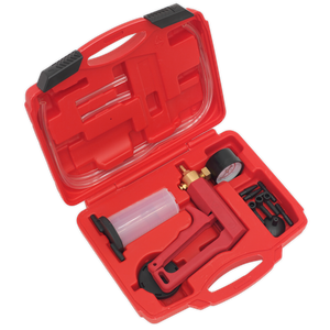 A Sealey Vacuum Tester & Brake Bleeding Kit - VS4022 housed in a red plastic case, includes various attachments such as a pressure gauge, tubing, and connectors. Perfect for brake and clutch bleeding or diagnosing vehicle faults.