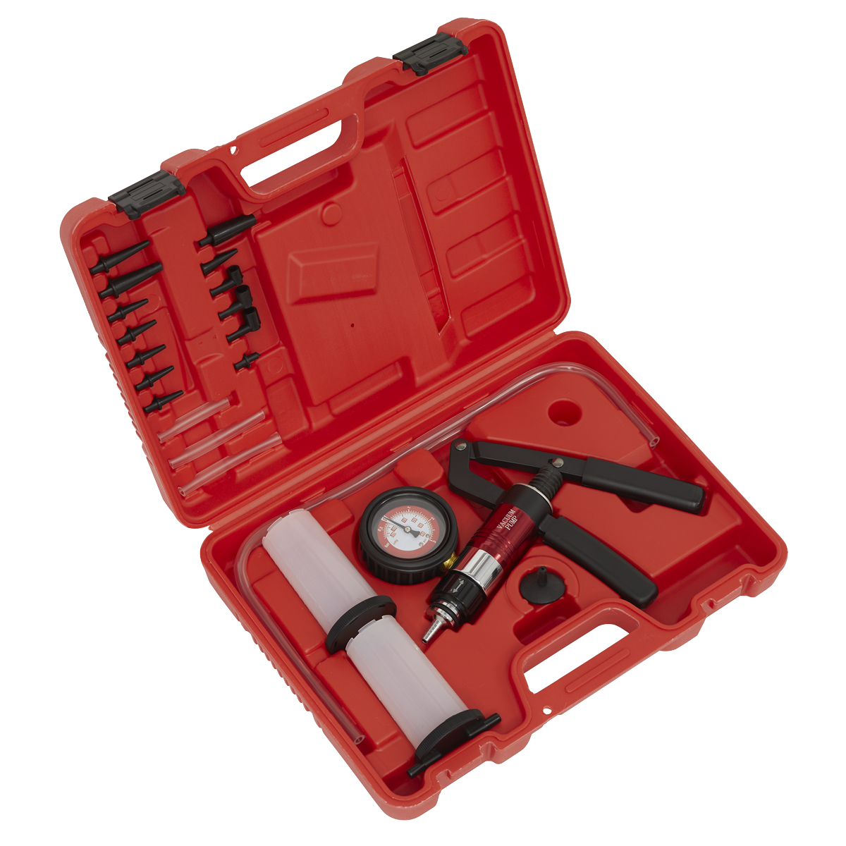 The Sealey VS403 Vacuum & Pressure Test/Bleeding Kit comes in a red plastic case, containing a black and red vacuum pump, pressure gauge, hoses, and various small attachments. The case is open with the contents neatly arranged. This versatile kit serves as both a brake and clutch bleeding tool and a vacuum pressure diagnostic tool for detecting vehicle system faults.