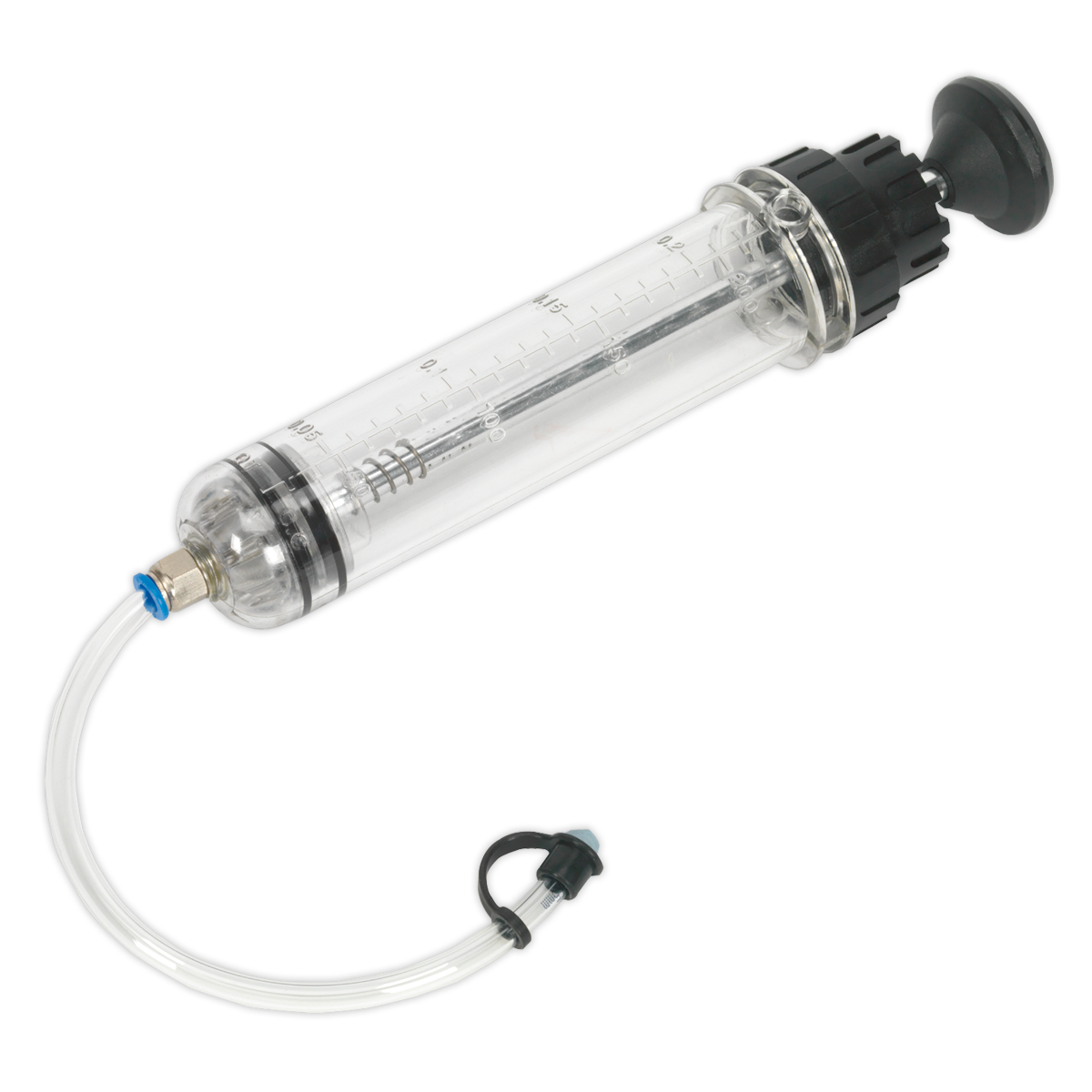 The Sealey Oil & Brake Fluid Inspection Syringe 200ml - VS404, featuring a transparent cylindrical body with a black plunger and Viton seal, is ideal for fluid transfer. It comes connected to a flexible clear hose with a black attachment at the end.