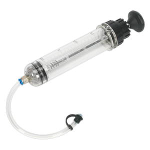 The Sealey Oil & Brake Fluid Inspection Syringe 200ml - VS404, featuring a transparent cylindrical body with a black plunger and Viton seal, is ideal for fluid transfer. It comes connected to a flexible clear hose with a black attachment at the end.