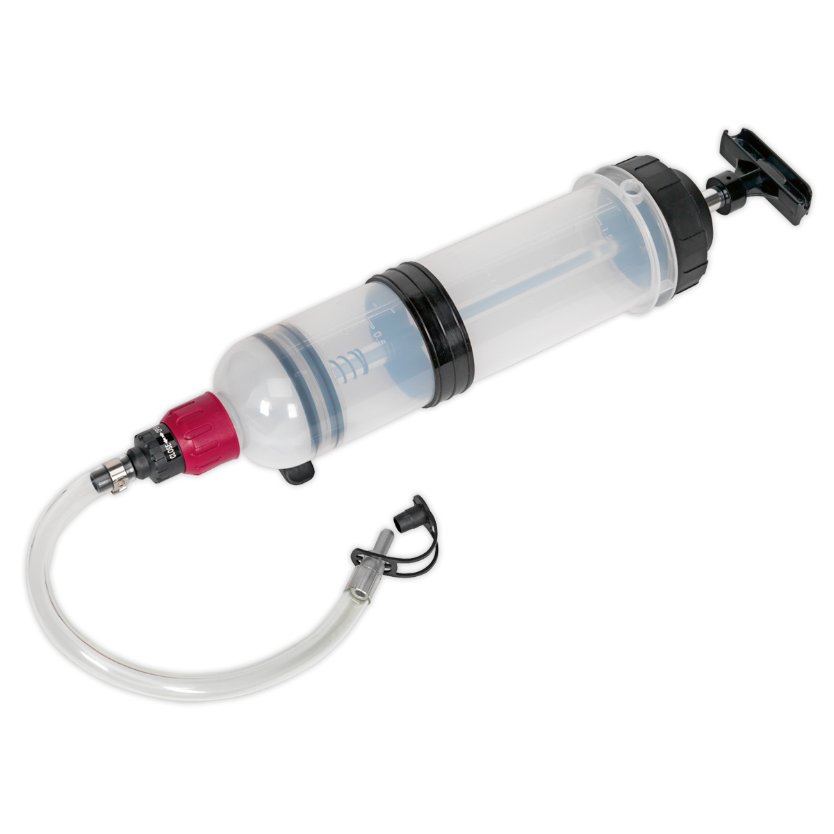 Introducing the Sealey Oil Inspection Syringe 1.5L - VS405: a versatile syringe equipped with a Viton® seal, featuring a cylindrical design, hand-operated fluid transfer mechanism, clear chamber, black handle, and a flexible hose with a nozzle attachment.