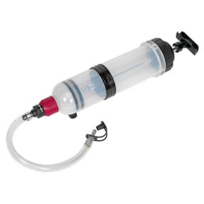 Introducing the Sealey Oil Inspection Syringe 1.5L - VS405: a versatile syringe equipped with a Viton® seal, featuring a cylindrical design, hand-operated fluid transfer mechanism, clear chamber, black handle, and a flexible hose with a nozzle attachment.