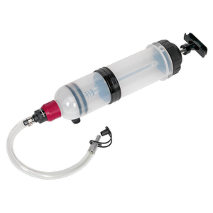 Introducing the Sealey Oil Inspection Syringe 1.5L - VS405: a versatile syringe equipped with a Viton® seal, featuring a cylindrical design, hand-operated fluid transfer mechanism, clear chamber, black handle, and a flexible hose with a nozzle attachment.