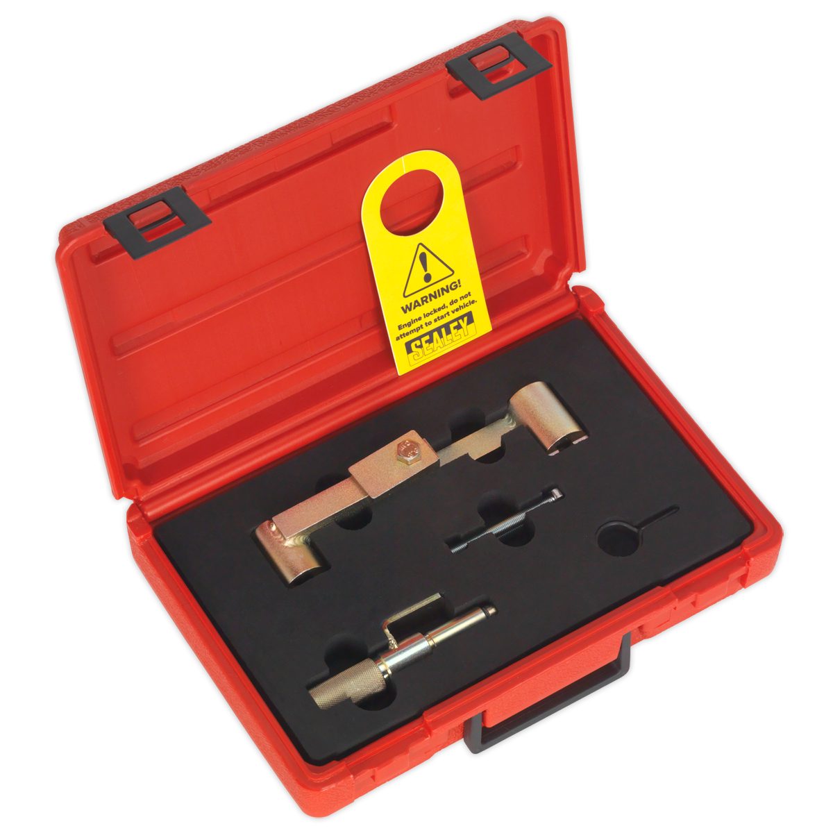 The Sealey Petrol Engine Timing Tool Kit - for Ford and Volvo vehicles (1.6, 1.8, 2.0, 2.3, 2.4, 2.5, 2.9 Belt Drive) (VS4387) comes in a red plastic case with a black foam insert that holds the metal automotive tools securely in cut-out sections; it includes a lock plate tool and features a yellow warning tag inside the lid.
