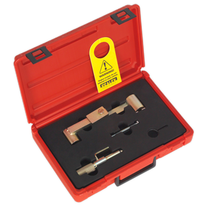 The Sealey Petrol Engine Timing Tool Kit - for Ford and Volvo vehicles (1.6, 1.8, 2.0, 2.3, 2.4, 2.5, 2.9 Belt Drive) (VS4387) comes in a red plastic case with a black foam insert that holds the metal automotive tools securely in cut-out sections; it includes a lock plate tool and features a yellow warning tag inside the lid.
