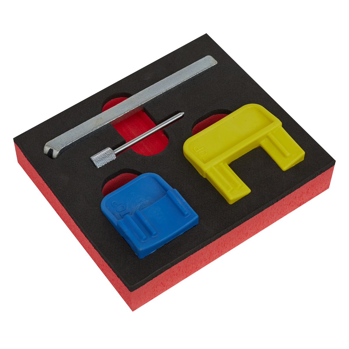 The Sealey Petrol Engine Timing Tool Kit (VS4620) for GM EcoTec/EcoFLEX 1.4-2.2 belt drive engines includes a neatly arranged foam insert holding a metal rod, a small cylindrical tool, a blue plastic clip, and a yellow plastic clip, making it ideal for maintaining your vehicle.