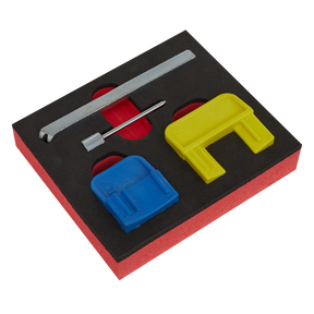 The Sealey Petrol Engine Timing Tool Kit (VS4620) for GM EcoTec/EcoFLEX 1.4-2.2 belt drive engines includes a neatly arranged foam insert holding a metal rod, a small cylindrical tool, a blue plastic clip, and a yellow plastic clip, making it ideal for maintaining your vehicle.